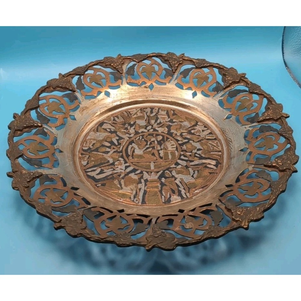 VINTAGE EGYPTIAN HANDMADE COOPER DECORATIVE COLLECTIBLE‎ MIX METAL PLATE